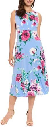 London Times Floral Keyhole A-Line Midi Dress in Sky/Pink at Nordstrom Rack, Size 10P