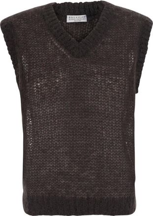 Brunello Cucinelli Truien & Vesten, Dames, Bruin, S, Wol, Mouweloze top met V-hals