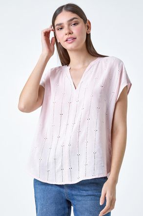 Roman Embroidered Stripe Notch Neck Top