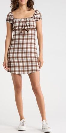 Madden Girl Plaid Puff Sleeve A-Line Minidress in Cream Mocha at Nordstrom Rack, Size X-Large