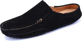 Generic Mens Loafers Shoes Genuine Leather Suede Vamp Stitching Details Round Toe Mule Loafer Anti-Slip Comfortable Slip Resistant Casual Slip-ons(Black,8.5 U