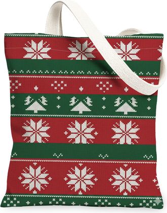 Generic Winter Snowflake Canvas Tote Bags, Holiday Pattern Reusable Grocery Bags, Vintage Knitted Lightweight Washable Shoulder Str, Red and Green, 13x15 Inch
