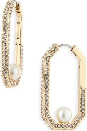 AllSaints Pav&eacute; & Faux Pearl Hexagonal Hoop Earrings in Pearl/Gold at Nordstrom