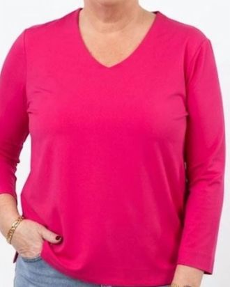 Multiples 3/4 Sleeve V-Neck Top In Candy Pink