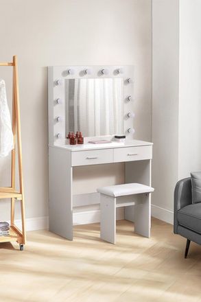 H&O Direct Hollywood Dressing Table Set with Large Lighted Mirror in White