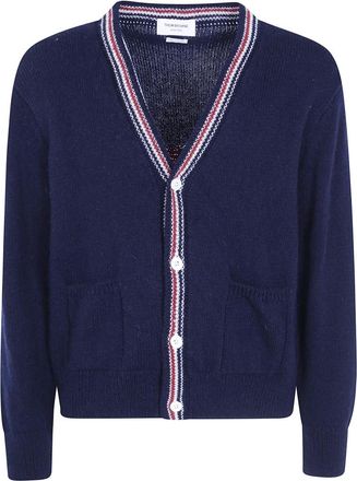 Thom Browne Donegal Intarsia Hector Patchwork Cardigan - Heren - Vesten - Blauw - L - Wol - Truien & Vesten