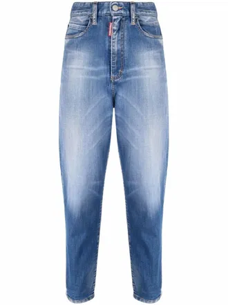 Dsquared2 faded effect mom jeans - women - Cotton/Polyester/Polyester/Spandex/Elastane/Cotton/Calf Leather - 34 - Blue