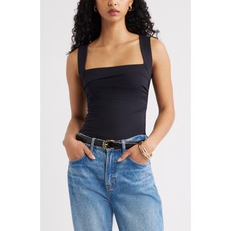 Open Edit Ruched Square Neck Tank in Black at Nordstrom, Size Xx-Small