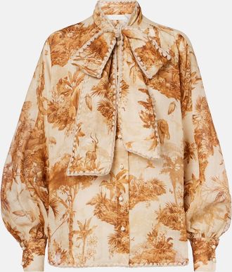 Zimmermann Indra printed tie-neck ramie blouse