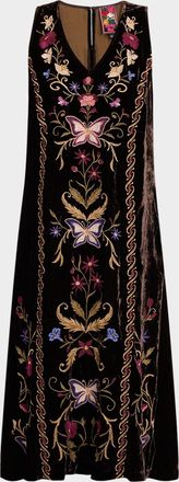 Johnny Was Sleeveless Floral-Embroidered Velvet Midi Dress