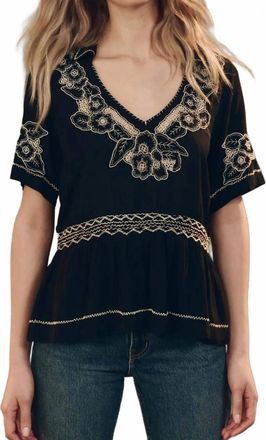 The Great. Crest V Neck Short Sleeve Top In Black