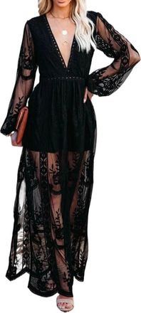 Generic Womens Boho Dress Summer Vintage V-Neck Long Sleeve Ruffles Bohemian Beach Chiffon Lace Hollow Out Maxi Sundress (Color : 80, Size : XX-Large)