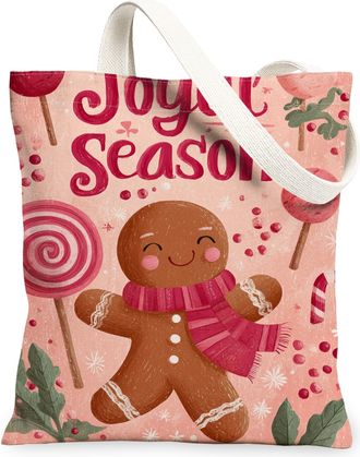 Generic Joyful Season Gingerbread Canvas Tote Bag, Holiday Pattern Reusable Grocery Bags, Lightweight Washable Shoulder Bags for Tr, Peach, 13x15 Inch