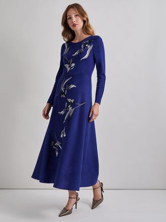 Misook Modern Fit-and-Flare Embroidered Floral Knit Maxi Dress