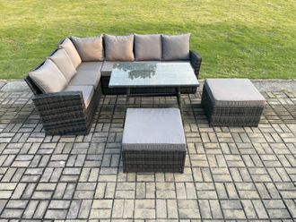 Fimous High Back Outdoor Garden Furniture Set Rattan Corner Sofa Dining Table Set With 2 Big Footstools 8 Seater in Dark Grey