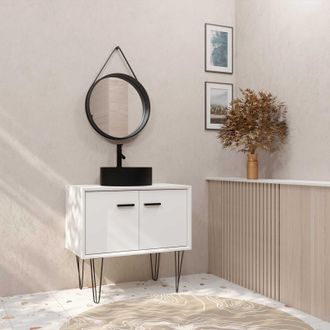 Aurlane Aurlane - Mueble De Ba&ntilde;o 80 Cm Blanco Y Negro - 2 Puertas - Lavabo Y Espejo Barbero
