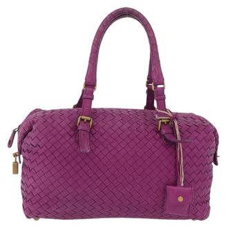 Bottega Veneta New Boston Intrecciato Nappa Purple Leather Handbag (Pre-Owned)