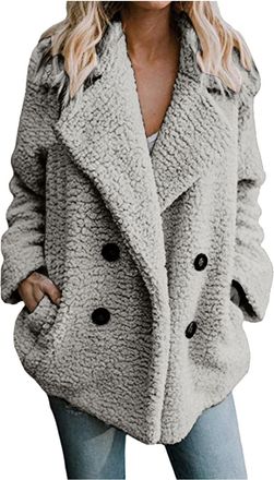 Generic Womens Fluffy Lapel Collar Jacket Fleece Cardigan Coats Winter Plush Jackets Soft Long Sleeve Button Front Knit Textured Coat Long Warm Comfy Longline