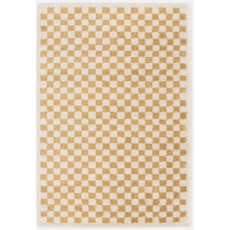 Sweeek Alfombra Interior Shaggy Damero Amarillo Mostaza Y Crema