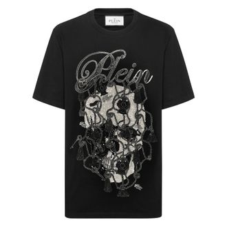Philipp Plein Tops, Heren, Zwart, S, Katoen, Round Neck T-Shirt Glass Skull