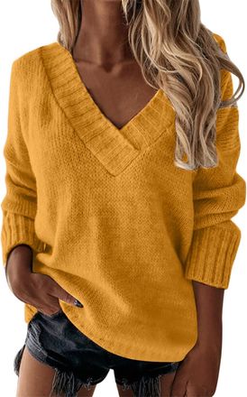Generic Womens V-neck, winter jumper, womens sexy large size knitted solid colour longsleeve sweaters, fashion knitting, loose basic, warm, sweaters, long sle