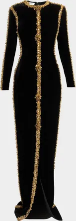 Balmain Long-Sleeve Beaded Velvet Maxi Dress
