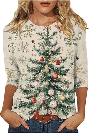 Generic Christmas Tops for Women 3/4 Sleeve Crewneck Tunic Shirt Fall Fashion Xmas Tree Print T Shirts Casual Comfy Clothes Womens Festive Blouse Tops Womens 