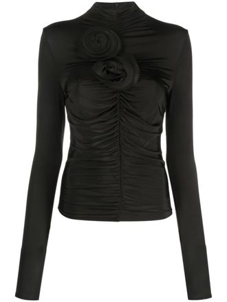 Magda Butrym floral-appliqu&eacute; ruched jersey top - women - Viscose/Elastane - 36 - Brown