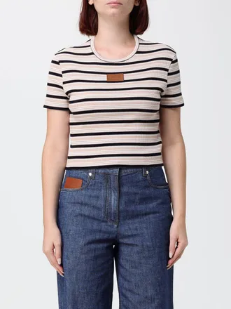 Fendi T-shirt cropped in cotone a righe con logo applicato