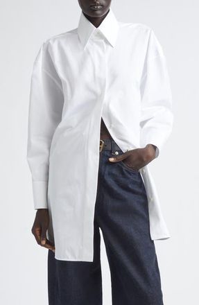 Givenchy High Low Tie Front Poplin Button-Up Shirt in White at Nordstrom, Size 12 Us