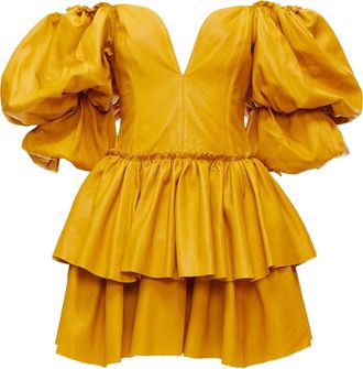 Aje AJE 2019 Castellain mustard yellow leather puff sleeve tiered mini dress UK6 XS