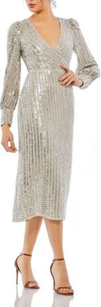 Mac Duggal Long Sleeve Sequined Midi Dress in Silver at Nordstrom, Size 14