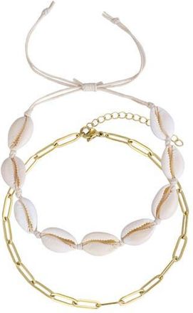 Adornia Set of 2 18K Gold Plated Paper Clip Chain & Shell Anklets in White/Gold at Nordstrom Rack