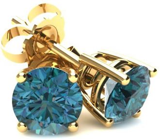 Pompeii3 20CT Round Brilliant Cut Blue Diamond Stud Earrings in 14K Gold Basket Setting