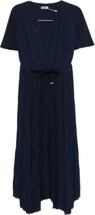 Herno Geplooide Rok V-Hals Korte Mouw Midi Jurk met Trekkoord in de Taille - Dames - Casual kleedjes - Blauw - M - Kleedjes