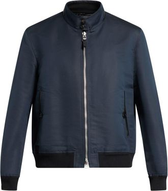 Tom Ford zip-up bomber jacket - men - Cotton/Silk/Cotton/Viscose/Calf Leather/Buffalo Horn - 56 - Blue