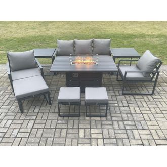 Fimous Fimous Aluminium Patio Outdoor Garden Furniture Lounge Sofa Set Gas Fire Pit Dining Table with 2 Side Tables 3 Footstools Dark Grey