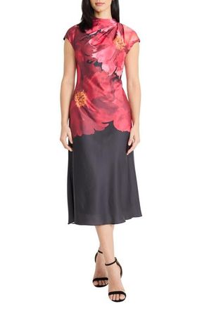 Maggy London Pleated Floral Print Cap Sleeve Satin Midi Dress in Black/Flame at Nordstrom, Size 10
