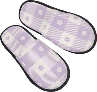 Generic Fuzzy Slippers Flower Purple Buffalo Plaid Fluffy Slippers Warm Comfy Slipper For Travel Winter Women M
