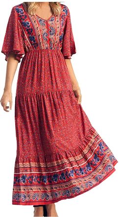Generic Sexy Beach Christmas Maxi Dress for Women Sun Dress Party Boho Long Green Dress Womens Wedding, red, M