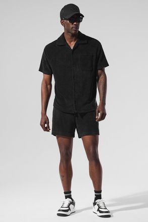 Alo | Coastal Terry Button Up Shorts Short Sleeves Top in Black, Size: Medium