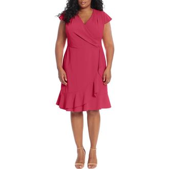 London Times Pleated Flounce Faux Wrap Dress in Cherry at Nordstrom Rack, Size 14W