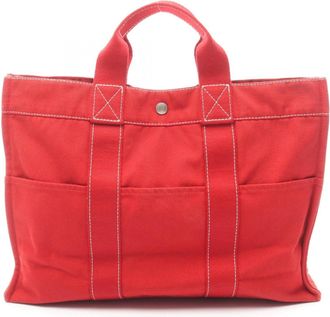Herm&egrave;s Red Color Canvas Handbag Tote Bag (Pre-Owned)