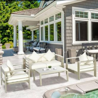 OUTSUNNY 4 Pieces Outdoor Aluminium Frame Garden Furniture Set w/ Thick Padded Cushion in Brown
