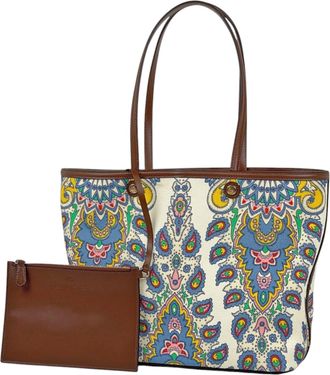 Etro Brown White Canvas Leather Tote Bag (Pre-Owned)