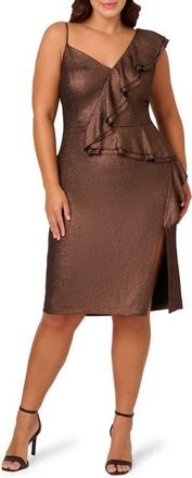 Adrianna Papell Zigzag Ruffle Foiled Knit Cocktail Dress in Black/Bronze at Nordstrom, Size 20W