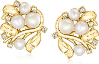 Ross-Simons 4-5mm Cultured Pearl and. White Topaz Vine Earrings in 18kt Gold Over Sterling