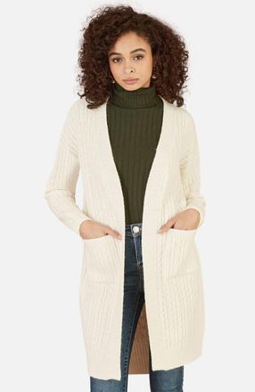 Yumi Cable Knit Long Sleeve Long Cardigan in Ivory at Nordstrom, Size Medium