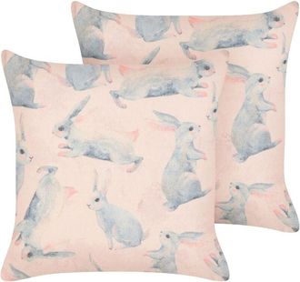 Beliani Beliani - Conjunto De 2 Cojines De Algod&oacute;n Motivo Conejo 45 X 45 Cm Fundas Extra&iacute;bles Con Relleno Rosa Y Gris Ratibida