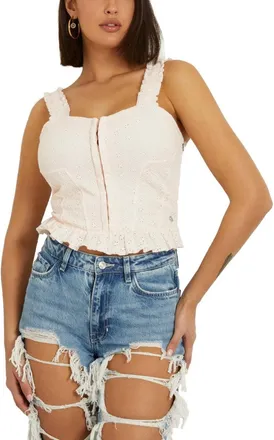 Guess Sangallo Carmen Eyelet Top Women Pink Ruffle Trim Sweetheart Neck FTS1288